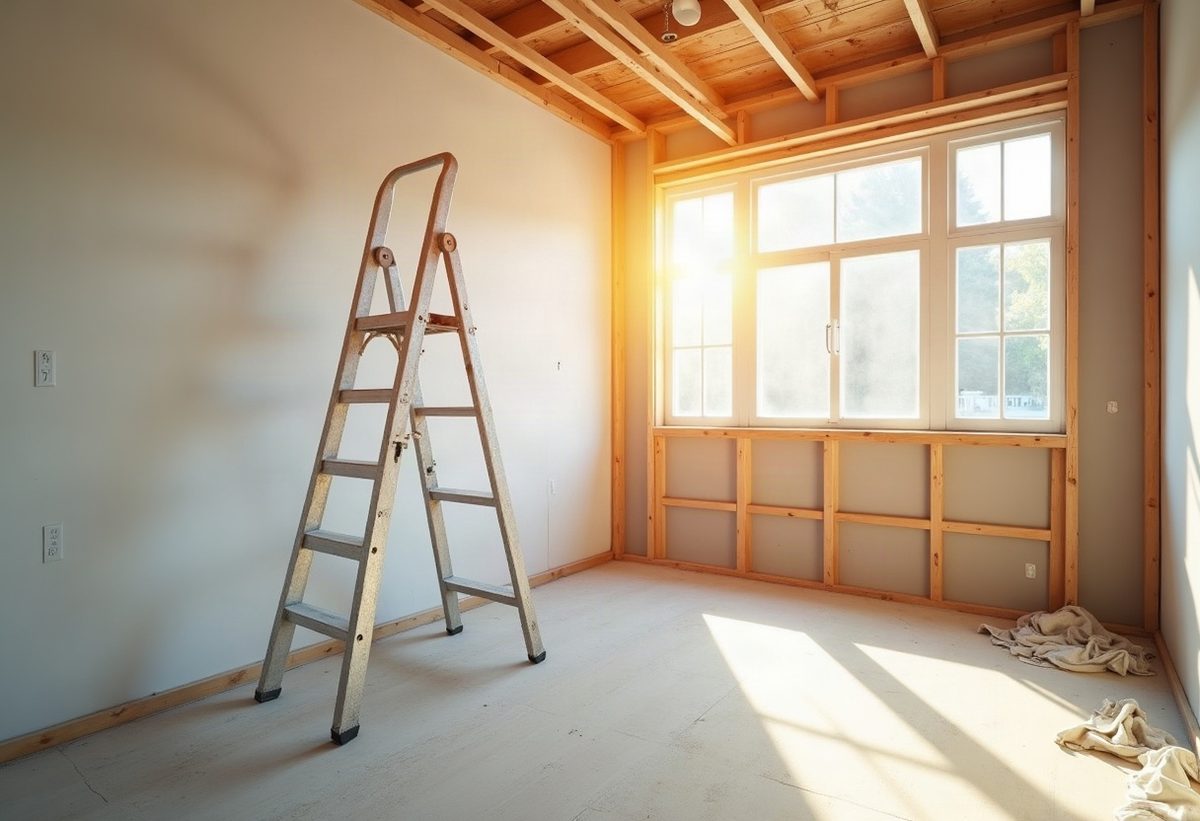 A house interior mid-renovation with new drywall, framing and a step ladder