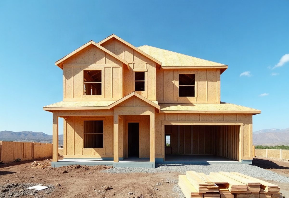 A two-story house under construction, framed and sheathed, against a blue sky