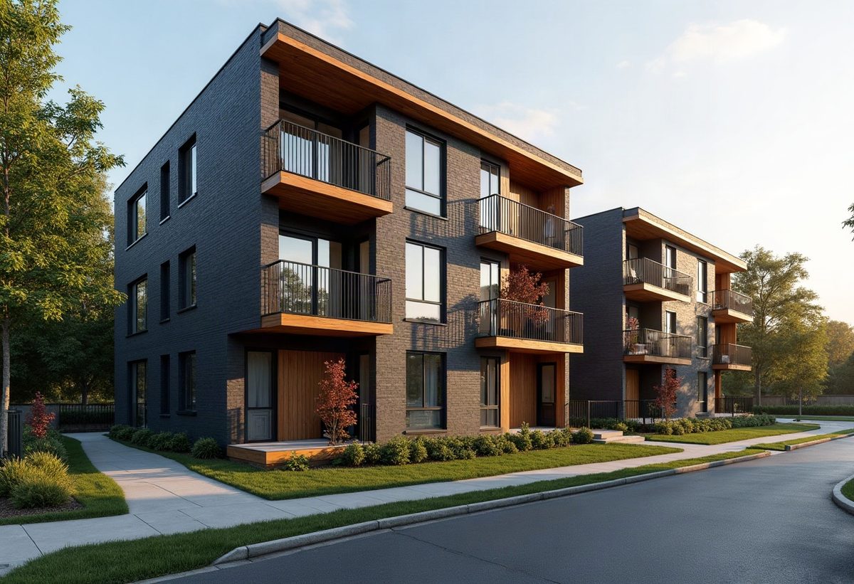 A modern small multifamily apartment building in dark brick and wood