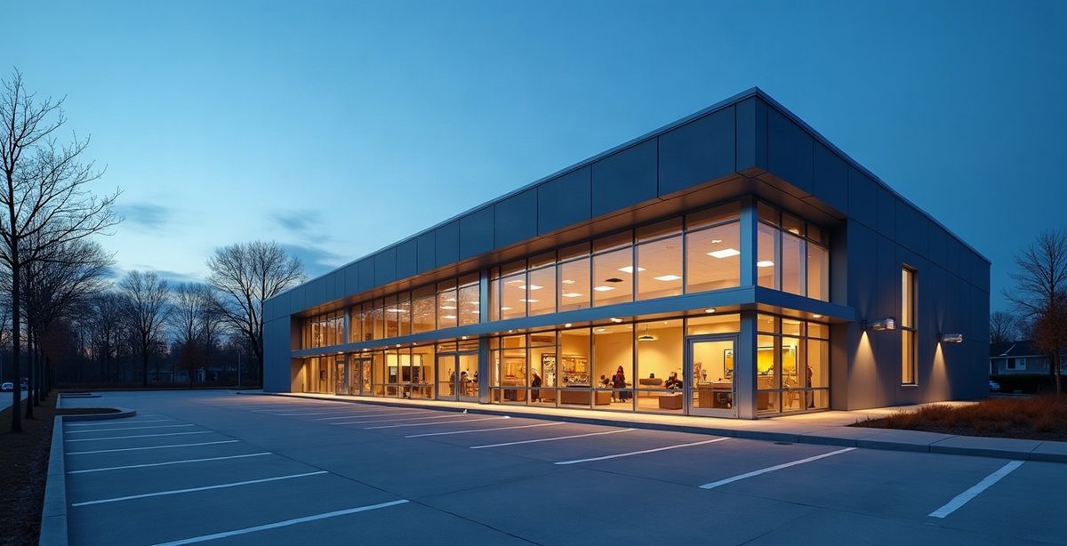 A modern low-rise commercial building at dusk with an empty parking lot