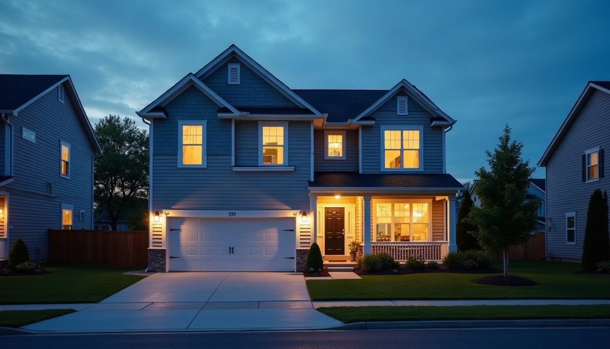 A freshly renovated two-story home lit up at dusk